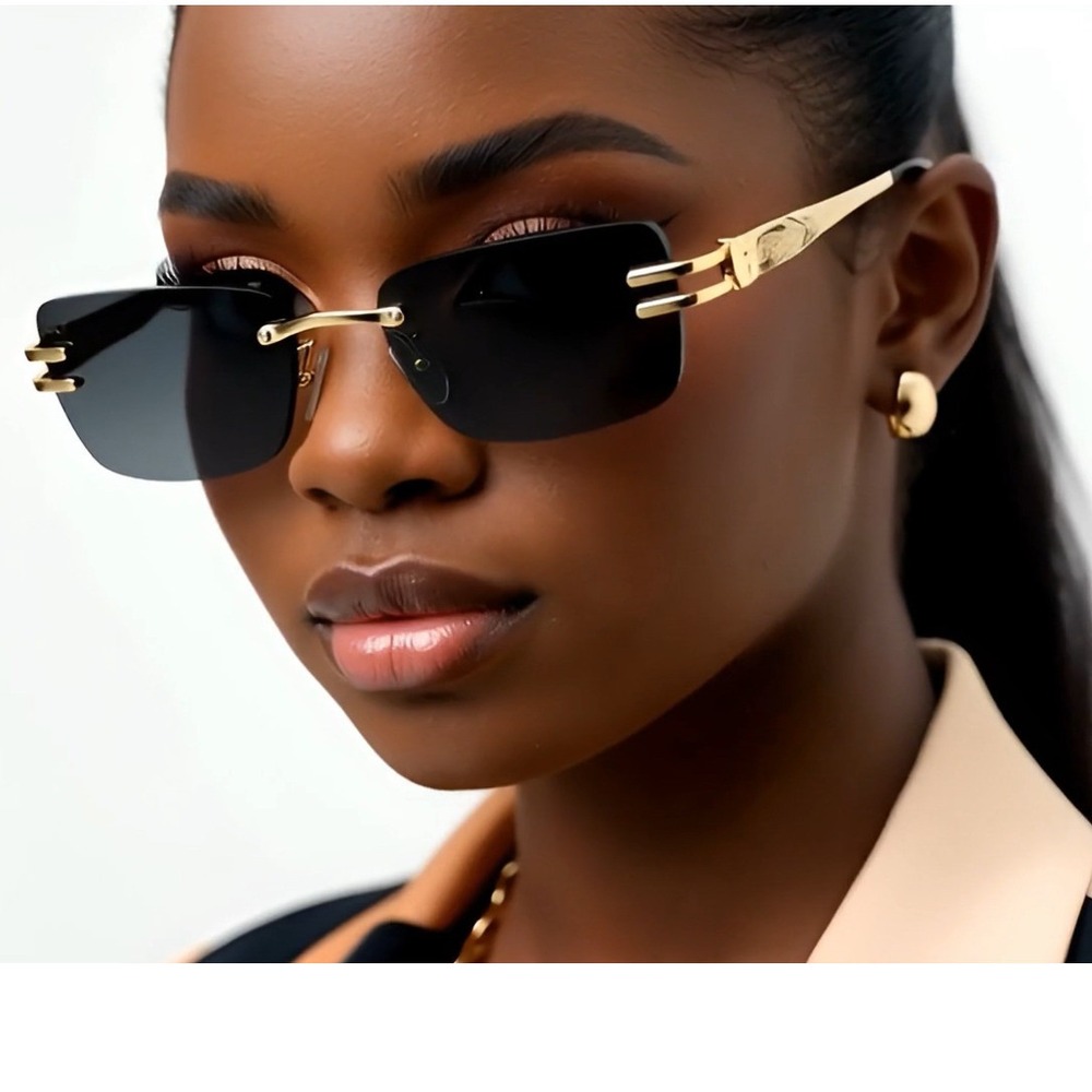 Women Vintage Rimless Dark Black‎ Tint Gold Frame Woodgrain Hip Hop Sunglasses
